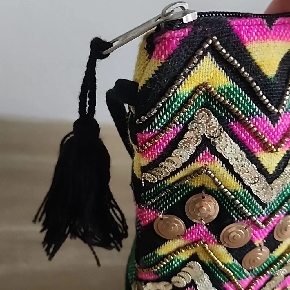 Bohemian Colorful Zigzag Embroidered Crossbody Clutch with Tassel